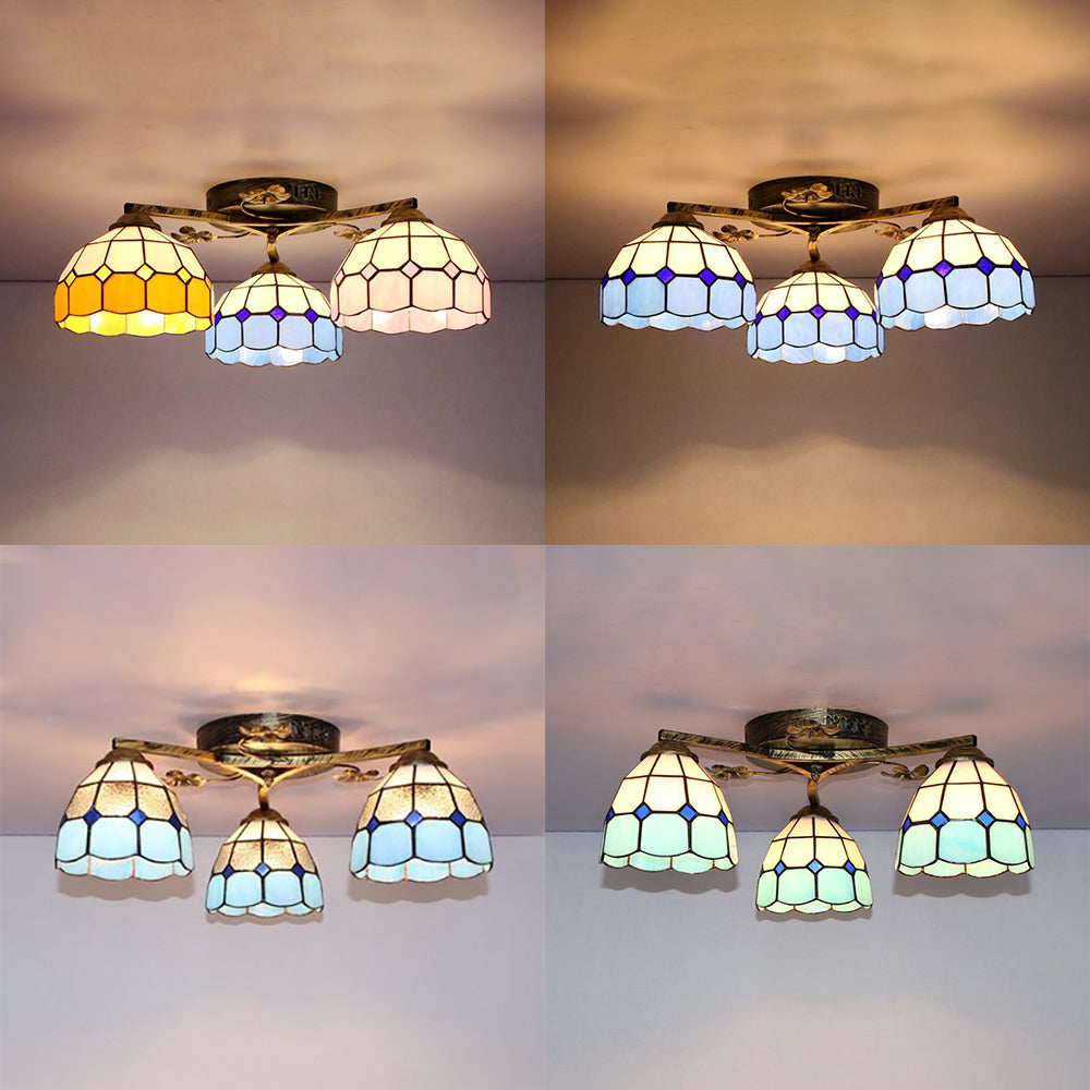 Scalloped Edged Ceiling Light Fixture Country Stained Glass 3 Lights Flush Mount Ceiling Light in Sky Blue/Yellow/Dark Blue/Clear Clearhalo 'Ceiling Lights' 'Close To Ceiling Lights' 'Close to ceiling' 'Glass shade' 'Glass' 'Semi-flushmount' 'Tiffany close to ceiling' 'Tiffany' Lighting' 92640