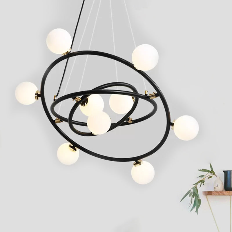 Contemporary Style 9/12/15 Lights Chandelier Black Round Suspension Light with Opal Glass Shade Clearhalo 'Ceiling Lights' 'Chandeliers' 'Modern Chandeliers' 'Modern' Lighting' 926400