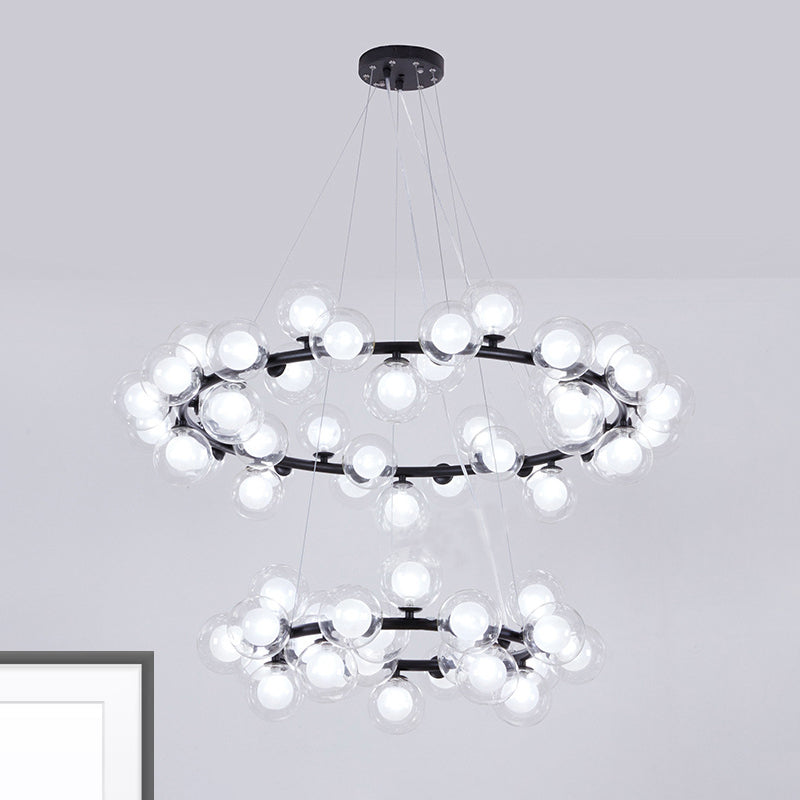 Bubble Chandelier Light Contemporary Clear Glass 2/3 Tiers Black Finish  Hanging Lamp with Metal Ring for Living Room