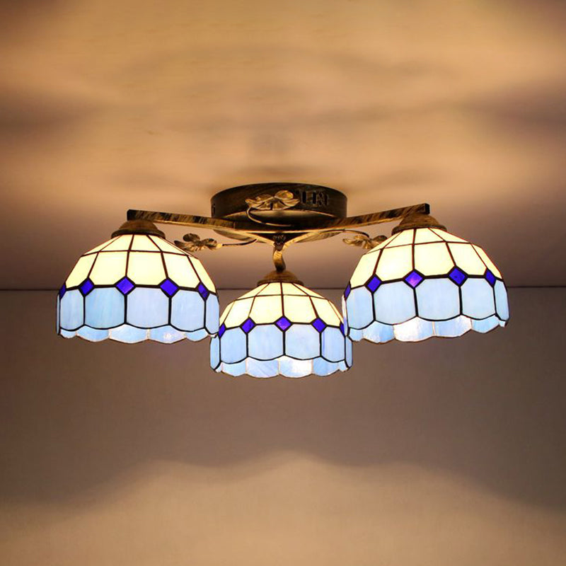 Scalloped Edged Ceiling Light Fixture Country Stained Glass 3 Lights Flush Mount Ceiling Light in Sky Blue/Yellow/Dark Blue/Clear Dark Blue Clearhalo 'Ceiling Lights' 'Close To Ceiling Lights' 'Close to ceiling' 'Glass shade' 'Glass' 'Semi-flushmount' 'Tiffany close to ceiling' 'Tiffany' Lighting' 92642