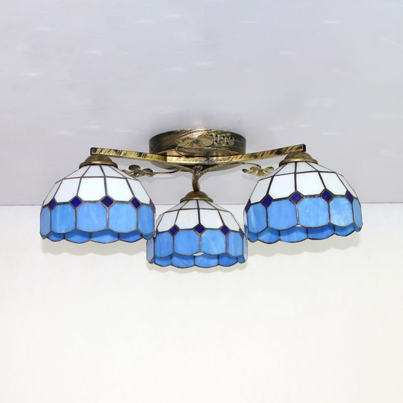 Scalloped Edged Ceiling Light Fixture Country Stained Glass 3 Lights Flush Mount Ceiling Light in Sky Blue/Yellow/Dark Blue/Clear Clearhalo 'Ceiling Lights' 'Close To Ceiling Lights' 'Close to ceiling' 'Glass shade' 'Glass' 'Semi-flushmount' 'Tiffany close to ceiling' 'Tiffany' Lighting' 92643