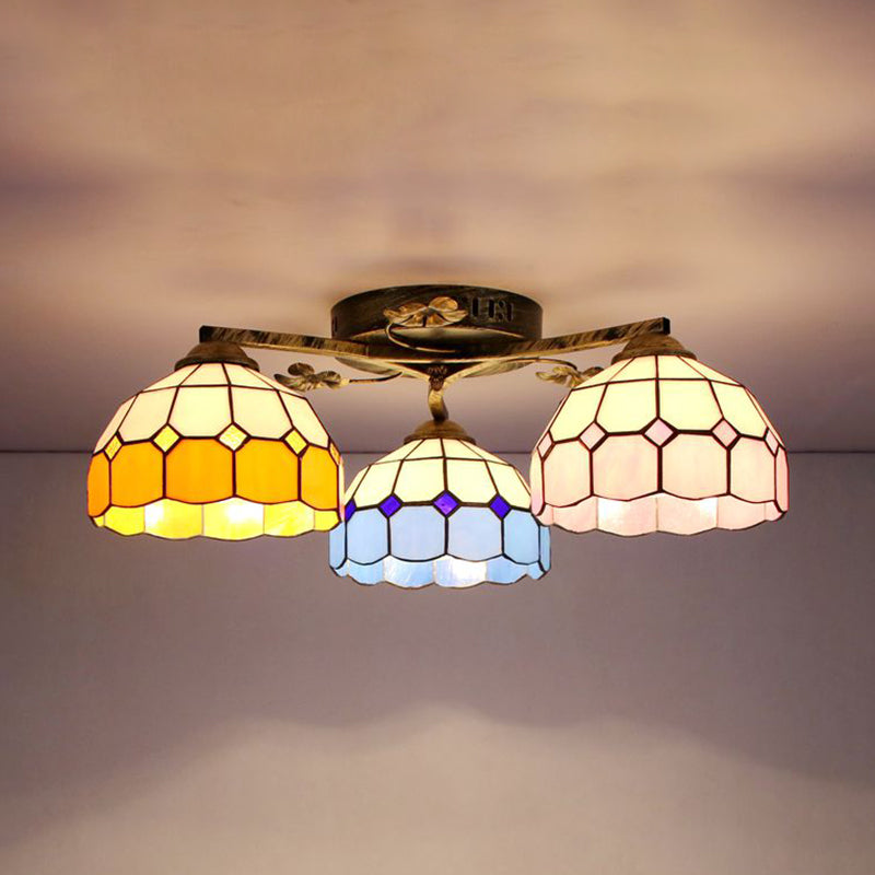 Scalloped Edged Ceiling Light Fixture Country Stained Glass 3 Lights Flush Mount Ceiling Light in Sky Blue/Yellow/Dark Blue/Clear Yellow Clearhalo 'Ceiling Lights' 'Close To Ceiling Lights' 'Close to ceiling' 'Glass shade' 'Glass' 'Semi-flushmount' 'Tiffany close to ceiling' 'Tiffany' Lighting' 92644