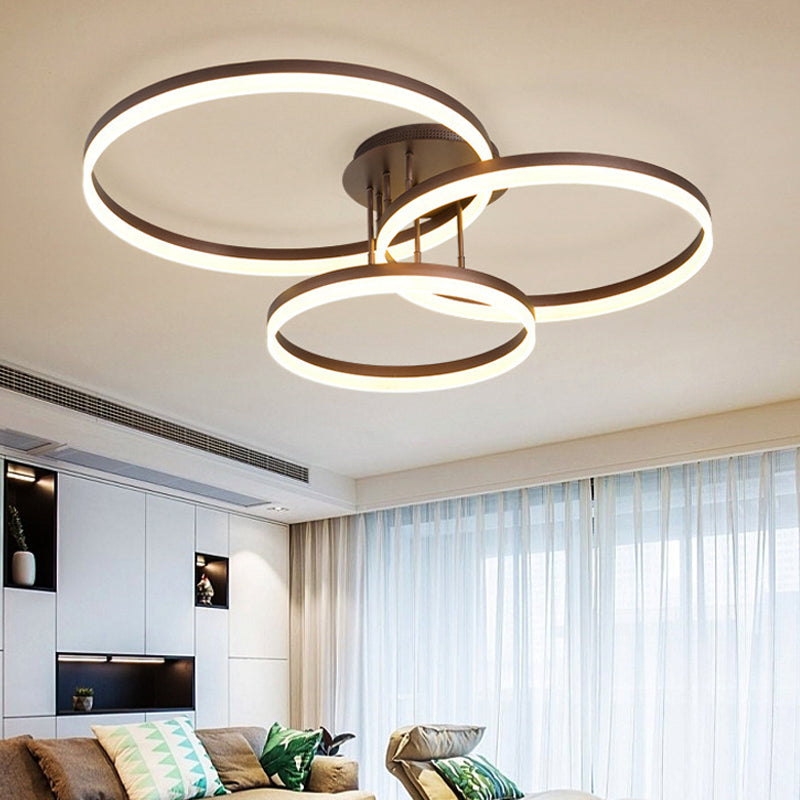 31.5"/35.5" Wide 3-Ring Acrylic Ceiling Light Fixture Modern LED Brown Semi Flush Mount Lamp in Warm/White/Natural Light Clearhalo 'Ceiling Lights' 'Close To Ceiling Lights' 'Close to ceiling' 'Semi-flushmount' Lighting' 926443