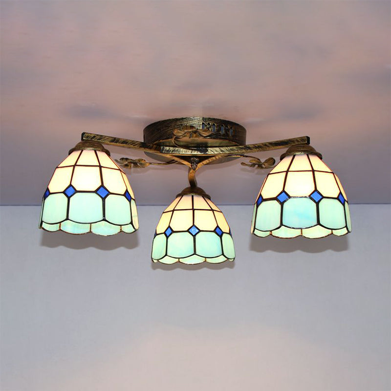 Scalloped Edged Ceiling Light Fixture Country Stained Glass 3 Lights Flush Mount Ceiling Light in Sky Blue/Yellow/Dark Blue/Clear Sky Blue Clearhalo 'Ceiling Lights' 'Close To Ceiling Lights' 'Close to ceiling' 'Glass shade' 'Glass' 'Semi-flushmount' 'Tiffany close to ceiling' 'Tiffany' Lighting' 92646