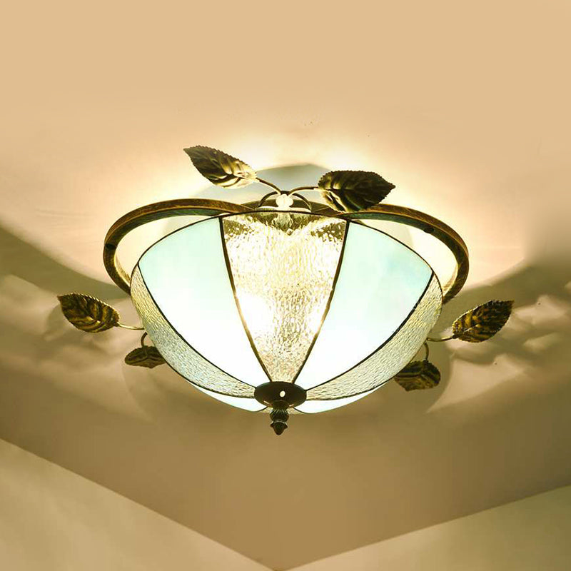 Retro Style Bowl-Shaped Ceiling Light Fixture Stained Glass 3 Bulbs Flushmount Ceiling Light in White/Blue/Clear/Blue-Clear/Green-White/Dark Blue Blue-Clear Clearhalo 'Ceiling Lights' 'Close To Ceiling Lights' 'Close to ceiling' 'Glass shade' 'Glass' 'Semi-flushmount' 'Tiffany close to ceiling' 'Tiffany' Lighting' 92700