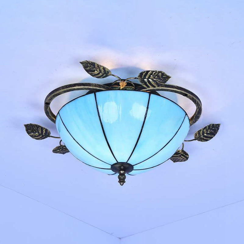 Retro Style Bowl-Shaped Ceiling Light Fixture Stained Glass 3 Bulbs Flushmount Ceiling Light in White/Blue/Clear/Blue-Clear/Green-White/Dark Blue Blue Clearhalo 'Ceiling Lights' 'Close To Ceiling Lights' 'Close to ceiling' 'Glass shade' 'Glass' 'Semi-flushmount' 'Tiffany close to ceiling' 'Tiffany' Lighting' 92705