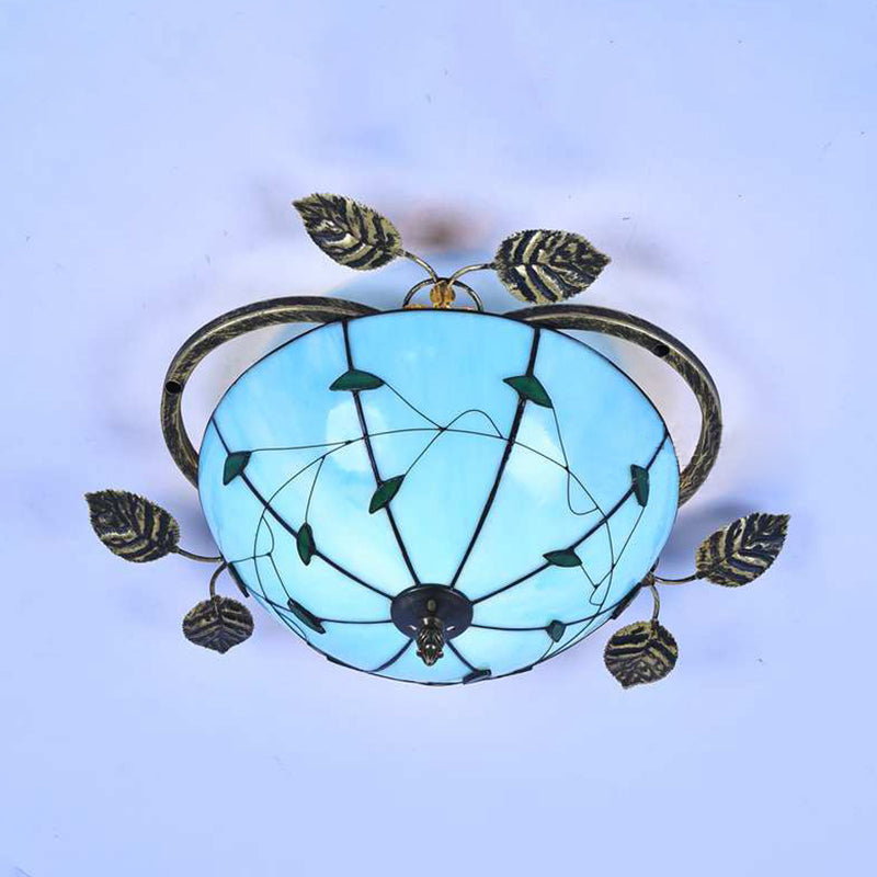 Retro Style Bowl-Shaped Ceiling Light Fixture Stained Glass 3 Bulbs Flushmount Ceiling Light in White/Blue/Clear/Blue-Clear/Green-White/Dark Blue Dark Blue Clearhalo 'Ceiling Lights' 'Close To Ceiling Lights' 'Close to ceiling' 'Glass shade' 'Glass' 'Semi-flushmount' 'Tiffany close to ceiling' 'Tiffany' Lighting' 92707