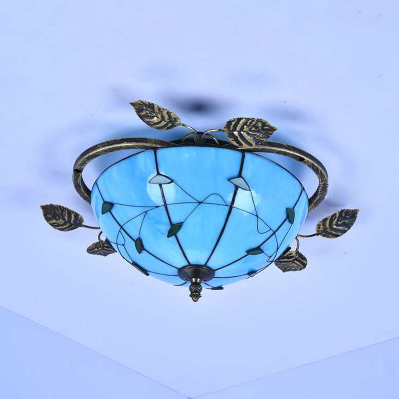 Retro Style Bowl-Shaped Ceiling Light Fixture Stained Glass 3 Bulbs Flushmount Ceiling Light in White/Blue/Clear/Blue-Clear/Green-White/Dark Blue Clearhalo 'Ceiling Lights' 'Close To Ceiling Lights' 'Close to ceiling' 'Glass shade' 'Glass' 'Semi-flushmount' 'Tiffany close to ceiling' 'Tiffany' Lighting' 92708