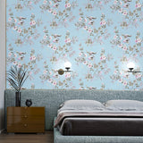 Non-Pasted Wallpaper Roll with Bird and Flower Design for Coffee Shop, 33'L x 20.5"W Blue Clearhalo 'Country wall decor' 'Rustic' 'Wallpaper' Wall Decor' 927082