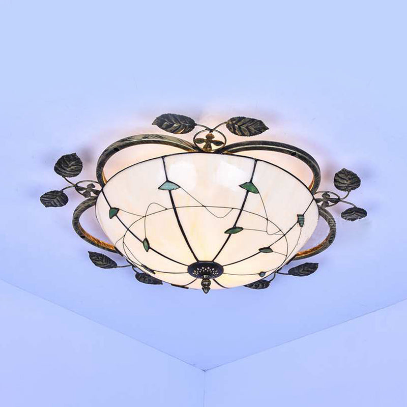 Retro Style Bowl-Shaped Ceiling Light Fixture Stained Glass 3 Bulbs Flushmount Ceiling Light in White/Blue/Clear/Blue-Clear/Green-White/Dark Blue Green-White Clearhalo 'Ceiling Lights' 'Close To Ceiling Lights' 'Close to ceiling' 'Glass shade' 'Glass' 'Semi-flushmount' 'Tiffany close to ceiling' 'Tiffany' Lighting' 92709
