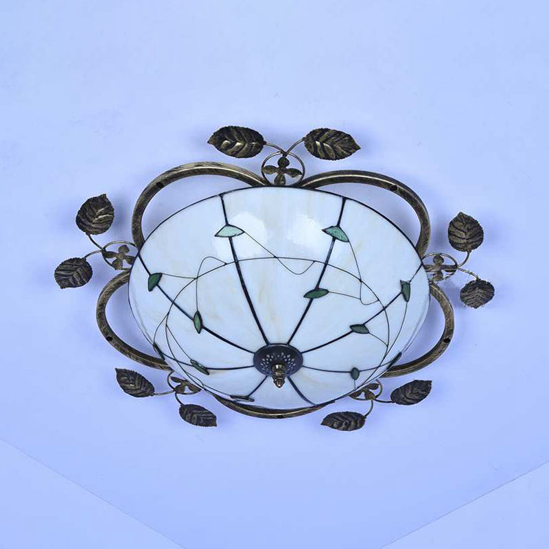 Retro Style Bowl-Shaped Ceiling Light Fixture Stained Glass 3 Bulbs Flushmount Ceiling Light in White/Blue/Clear/Blue-Clear/Green-White/Dark Blue Clearhalo 'Ceiling Lights' 'Close To Ceiling Lights' 'Close to ceiling' 'Glass shade' 'Glass' 'Semi-flushmount' 'Tiffany close to ceiling' 'Tiffany' Lighting' 92710