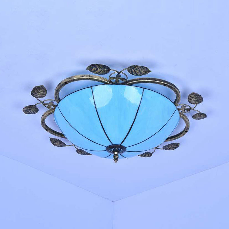 Retro Style Bowl-Shaped Ceiling Light Fixture Stained Glass 3 Bulbs Flushmount Ceiling Light in White/Blue/Clear/Blue-Clear/Green-White/Dark Blue Clearhalo 'Ceiling Lights' 'Close To Ceiling Lights' 'Close to ceiling' 'Glass shade' 'Glass' 'Semi-flushmount' 'Tiffany close to ceiling' 'Tiffany' Lighting' 92712