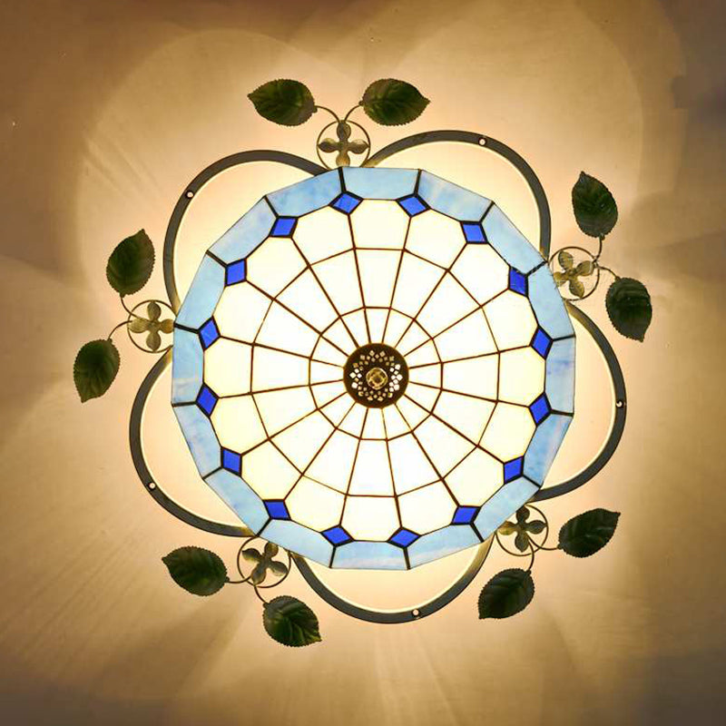 Blue Flower Design Ceiling Light Stained Glass 3 Lights Flushmount Light with Leaf Decoration Clearhalo 'Ceiling Lights' 'Close To Ceiling Lights' 'Close to ceiling' 'Glass shade' 'Glass' 'Semi-flushmount' 'Tiffany close to ceiling' 'Tiffany' Lighting' 92714