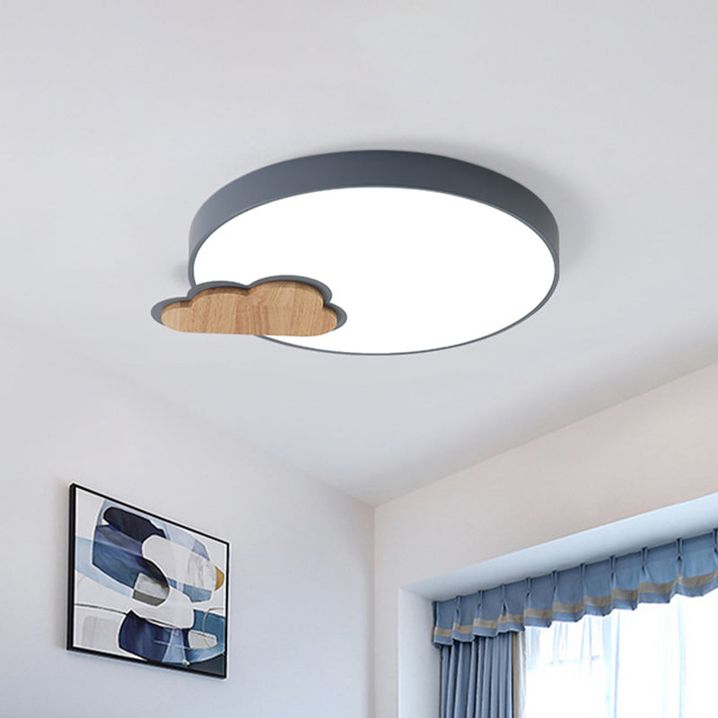 Grey/Green Finish Circle Flush Lamp Macaron LED Acrylic Flush Mount Ceiling Light with Cloud Wood Detail, White/Warm Light Grey Clearhalo 'Ceiling Lights' 'Close To Ceiling Lights' 'Close to ceiling' 'Flush mount' Lighting' 927705