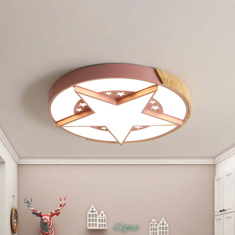 Star Bedroom Flush Ceiling Light with Round Design Metal LED Macaron Flush Mount in White/Pink/Blue and Wood Pink Clearhalo 'Ceiling Lights' 'Close To Ceiling Lights' 'Close to ceiling' 'Flush mount' Lighting' 927714