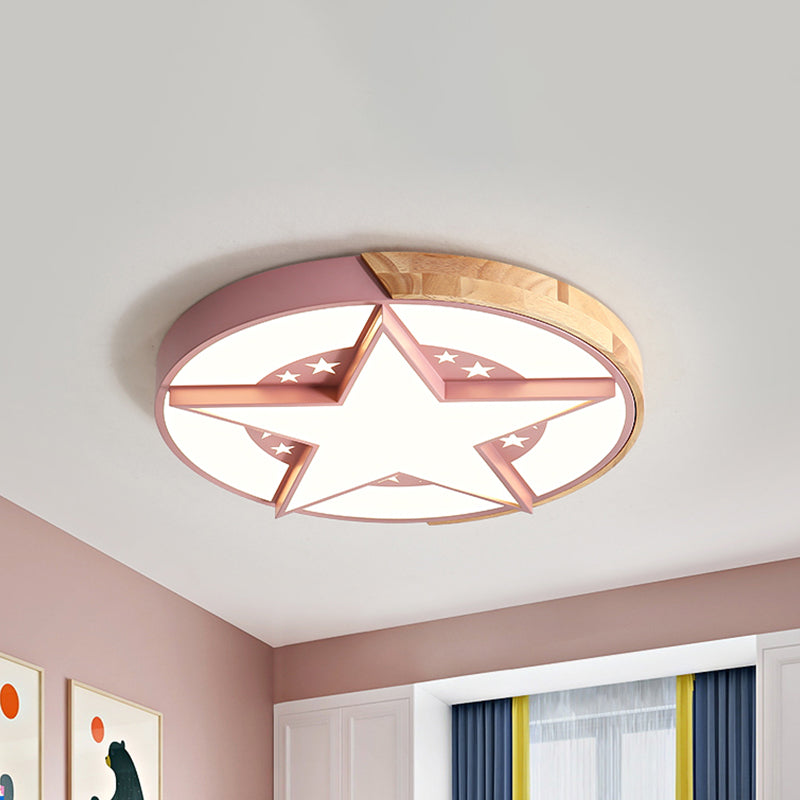 Star Bedroom Flush Ceiling Light with Round Design Metal LED Macaron Flush Mount in White/Pink/Blue and Wood Clearhalo 'Ceiling Lights' 'Close To Ceiling Lights' 'Close to ceiling' 'Flush mount' Lighting' 927715