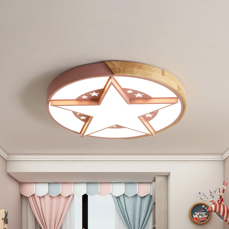 Star Bedroom Flush Ceiling Light with Round Design Metal LED Macaron Flush Mount in White/Pink/Blue and Wood Clearhalo 'Ceiling Lights' 'Close To Ceiling Lights' 'Close to ceiling' 'Flush mount' Lighting' 927716