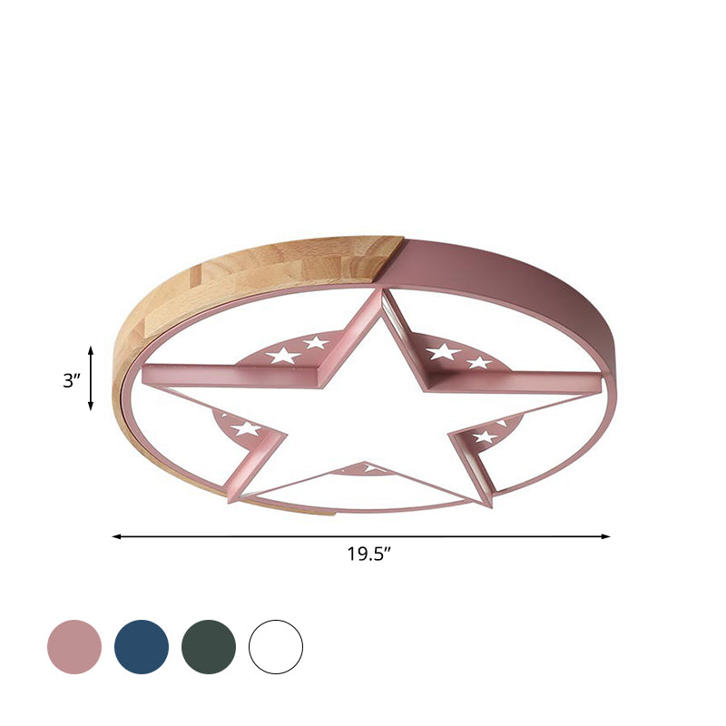 Star Bedroom Flush Ceiling Light with Round Design Metal LED Macaron Flush Mount in White/Pink/Blue and Wood Clearhalo 'Ceiling Lights' 'Close To Ceiling Lights' 'Close to ceiling' 'Flush mount' Lighting' 927718