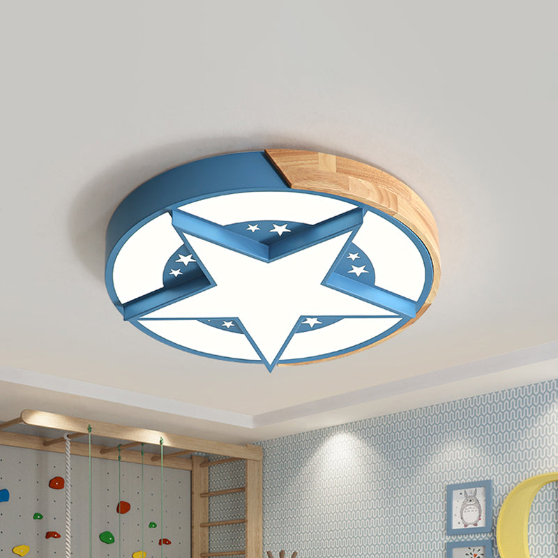 Star Bedroom Flush Ceiling Light with Round Design Metal LED Macaron Flush Mount in White/Pink/Blue and Wood Clearhalo 'Ceiling Lights' 'Close To Ceiling Lights' 'Close to ceiling' 'Flush mount' Lighting' 927720