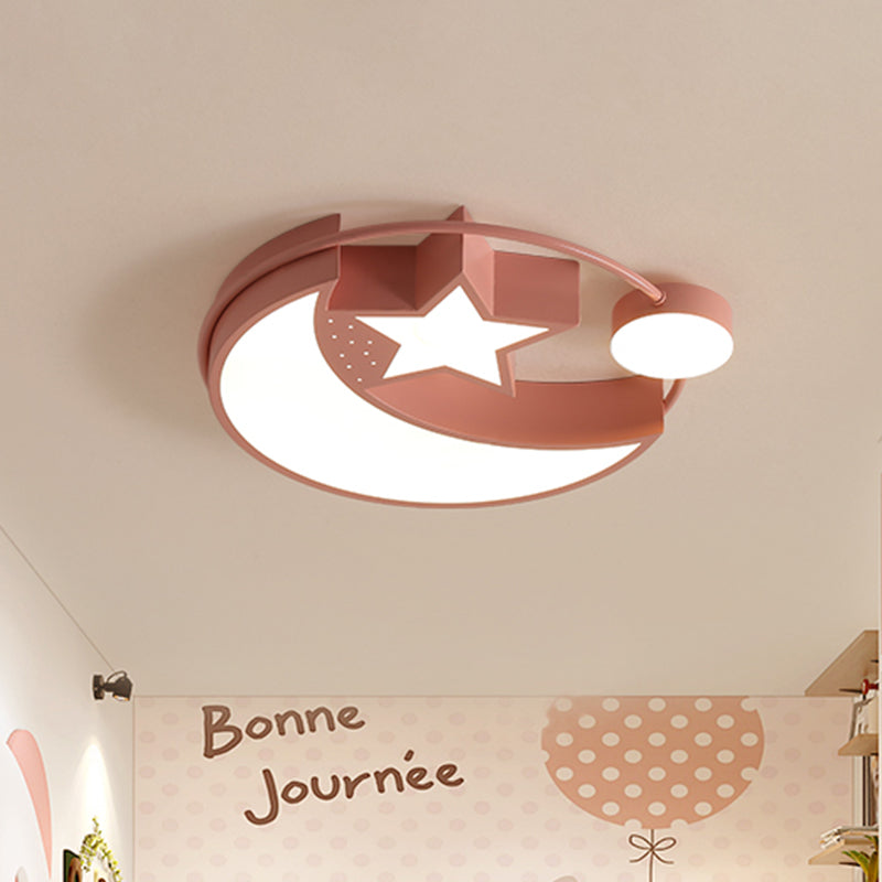 Pink Finish Moon and Star Ceiling Flush Nordic LED Acrylic Flushmount Light for Girl Bedroom Clearhalo 'Ceiling Lights' 'Close To Ceiling Lights' 'Close to ceiling' 'Flush mount' Lighting' 927733