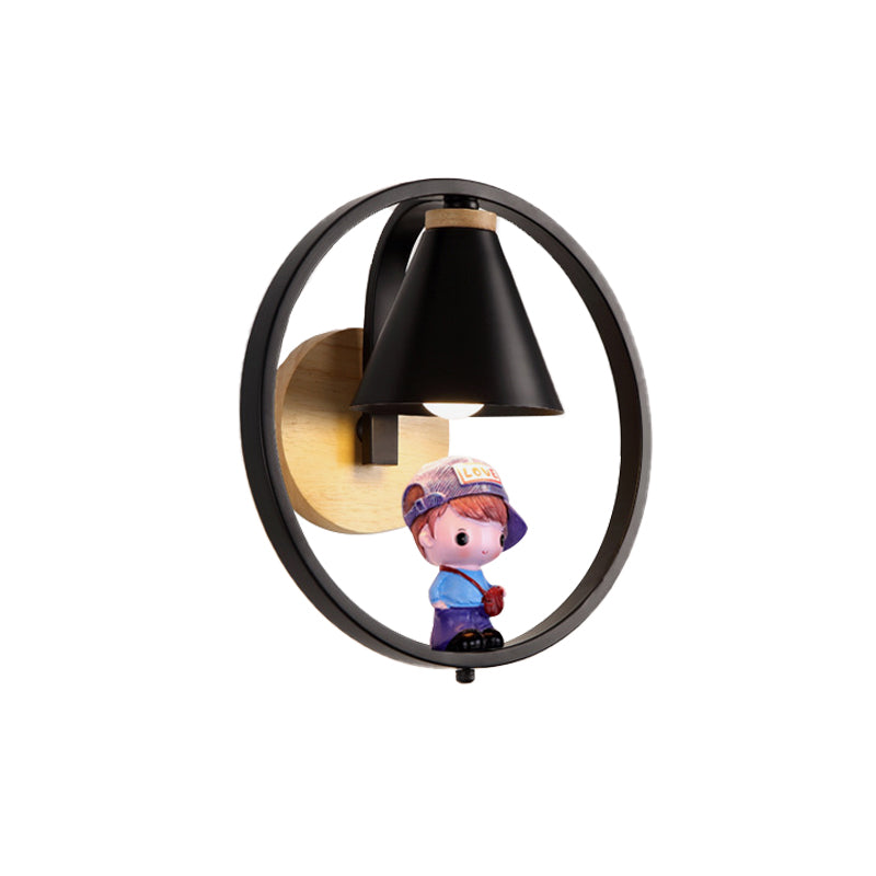 Cone Shade Wall Lighting Nordic Metal 1 Light Black/White Finish Wall Mount Lamp with Boy Deco Clearhalo 'Wall Lamps & Sconces' 'Wall Lights' Lighting' 927791