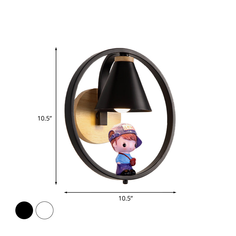 Cone Shade Wall Lighting Nordic Metal 1 Light Black/White Finish Wall Mount Lamp with Boy Deco Clearhalo 'Wall Lamps & Sconces' 'Wall Lights' Lighting' 927793