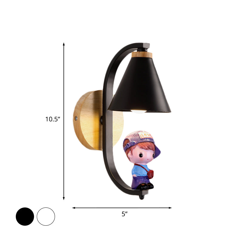 Cone Shade Wall Lighting Nordic Metal 1 Light Black/White Finish Wall Mount Lamp with Boy Deco Clearhalo 'Wall Lamps & Sconces' 'Wall Lights' Lighting' 927802