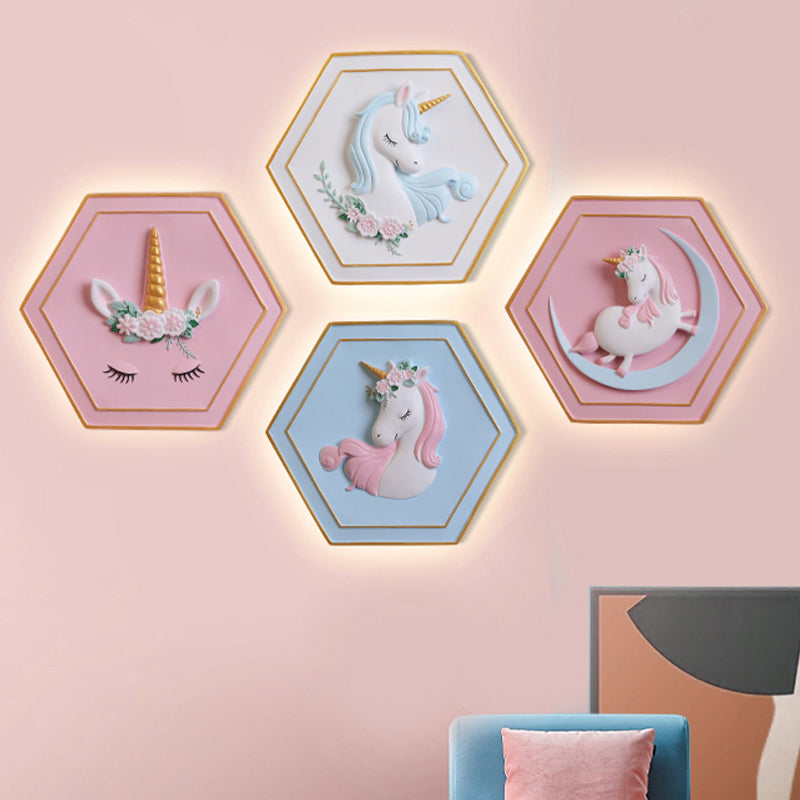 Pink Unicorn Sconce Lighting with Hexagon Design Cartoon LED Resin Pull-Chain Wall Lamp Pink B Clearhalo 'Wall Lamps & Sconces' 'Wall Lights' Lighting' 927858