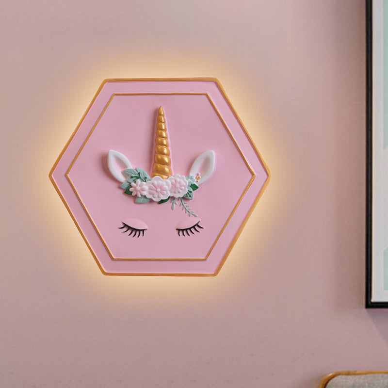 Pink Unicorn Sconce Lighting with Hexagon Design Cartoon LED Resin Pull-Chain Wall Lamp Clearhalo 'Wall Lamps & Sconces' 'Wall Lights' Lighting' 927859