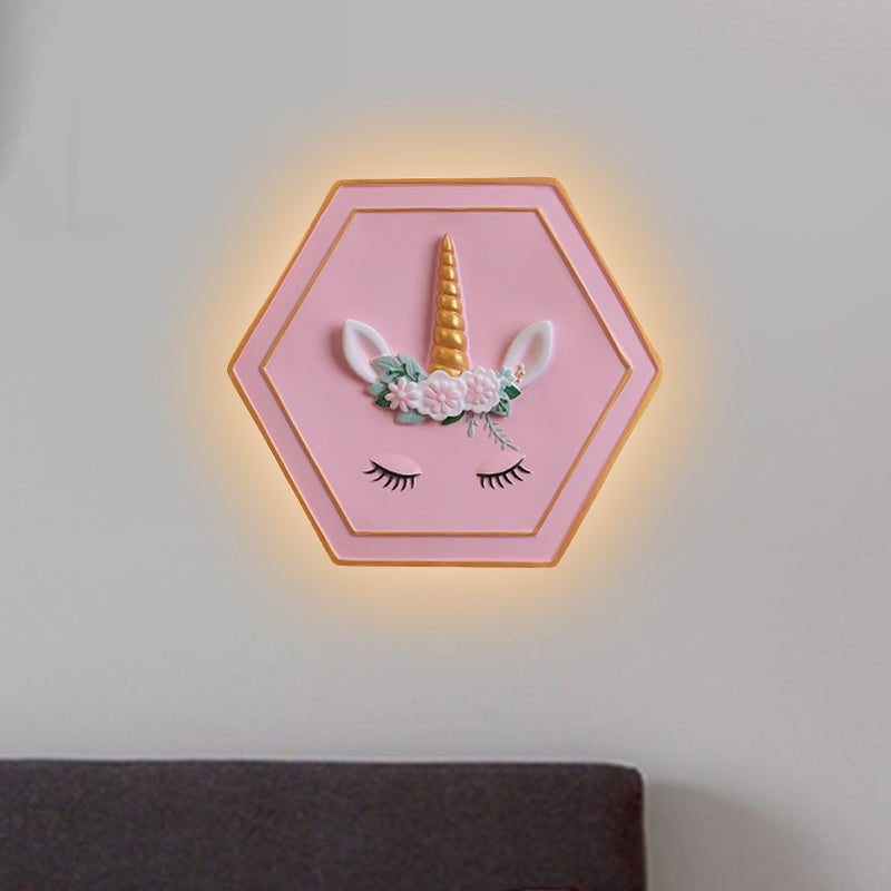 Pink Unicorn Sconce Lighting with Hexagon Design Cartoon LED Resin Pull-Chain Wall Lamp Clearhalo 'Wall Lamps & Sconces' 'Wall Lights' Lighting' 927860