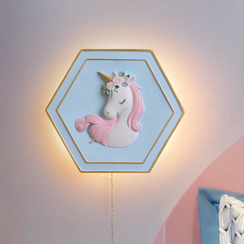 Pink Unicorn Sconce Lighting with Hexagon Design Cartoon LED Resin Pull-Chain Wall Lamp Pink C Clearhalo 'Wall Lamps & Sconces' 'Wall Lights' Lighting' 927863