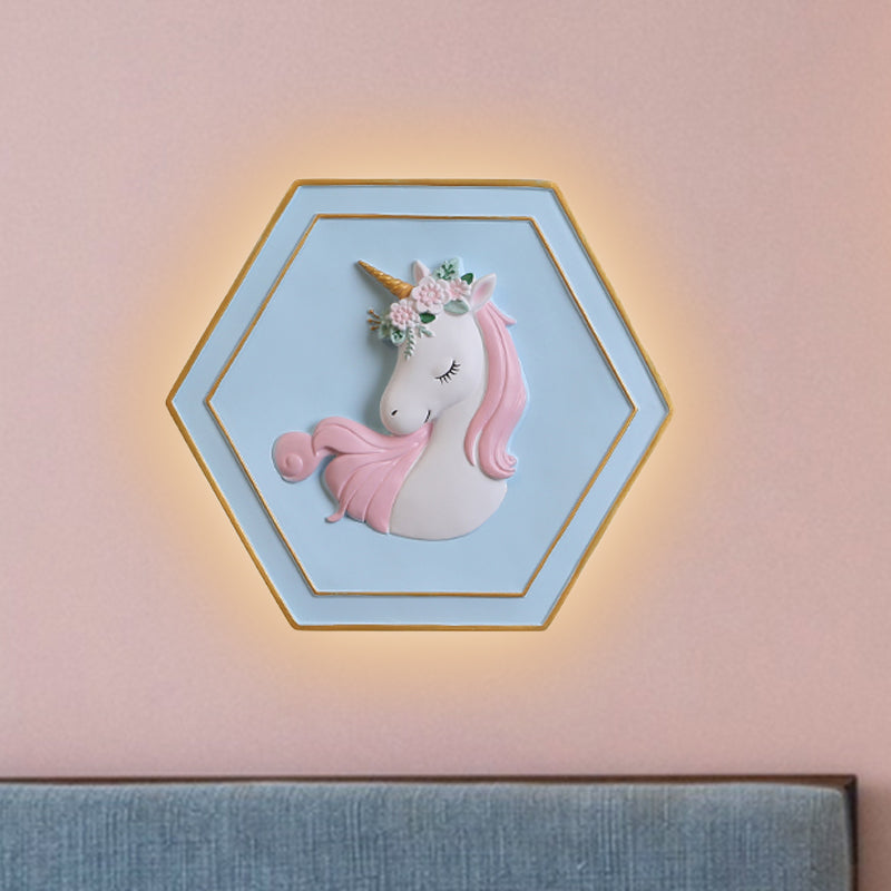 Pink Unicorn Sconce Lighting with Hexagon Design Cartoon LED Resin Pull-Chain Wall Lamp Clearhalo 'Wall Lamps & Sconces' 'Wall Lights' Lighting' 927864