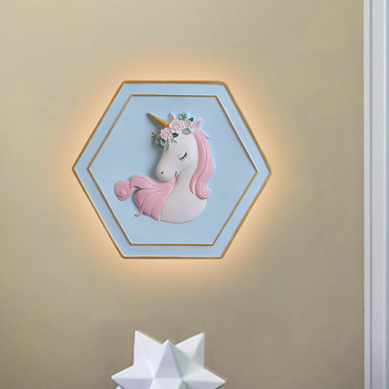 Pink Unicorn Sconce Lighting with Hexagon Design Cartoon LED Resin Pull-Chain Wall Lamp Clearhalo 'Wall Lamps & Sconces' 'Wall Lights' Lighting' 927865