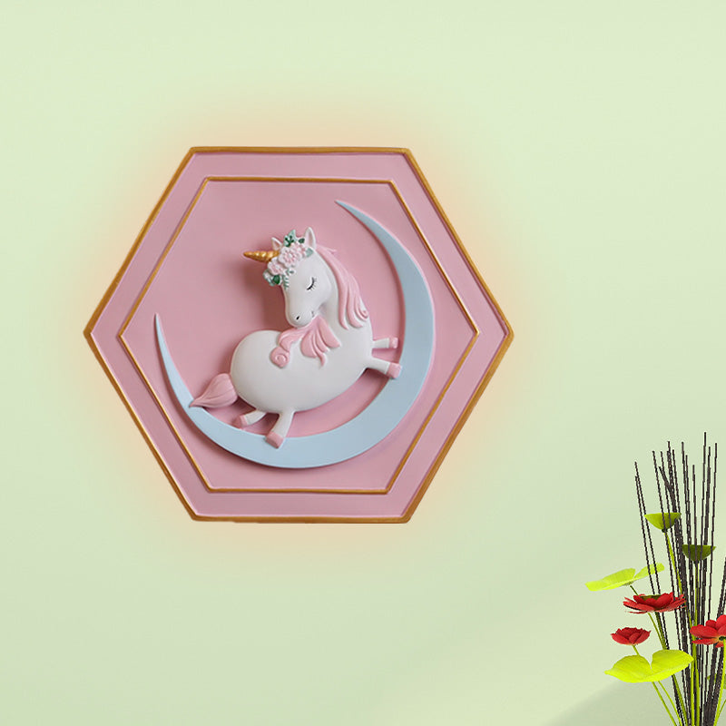 Pink Unicorn Sconce Lighting with Hexagon Design Cartoon LED Resin Pull-Chain Wall Lamp Pink A Clearhalo 'Wall Lamps & Sconces' 'Wall Lights' Lighting' 927868