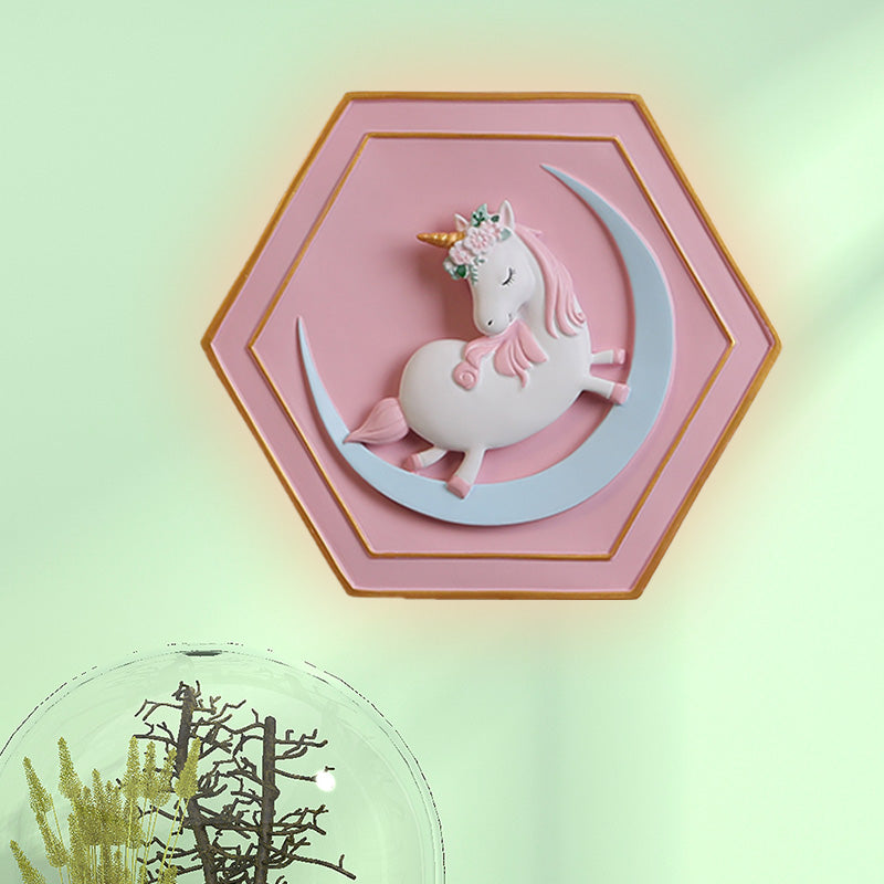 Pink Unicorn Sconce Lighting with Hexagon Design Cartoon LED Resin Pull-Chain Wall Lamp Clearhalo 'Wall Lamps & Sconces' 'Wall Lights' Lighting' 927869