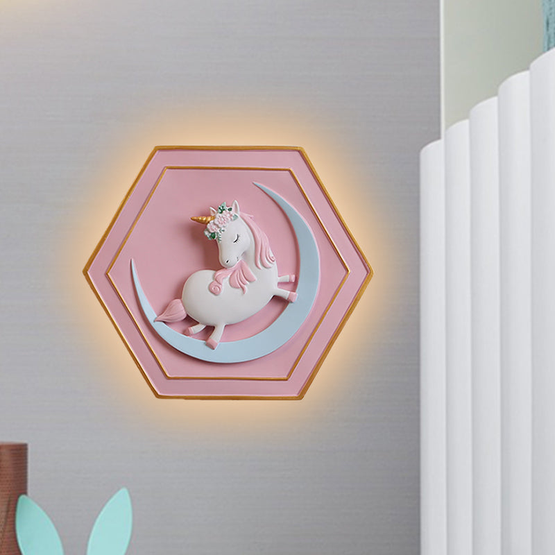 Pink Unicorn Sconce Lighting with Hexagon Design Cartoon LED Resin Pull-Chain Wall Lamp Clearhalo 'Wall Lamps & Sconces' 'Wall Lights' Lighting' 927870