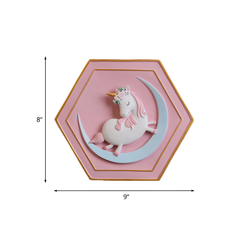 Pink Unicorn Sconce Lighting with Hexagon Design Cartoon LED Resin Pull-Chain Wall Lamp Clearhalo 'Wall Lamps & Sconces' 'Wall Lights' Lighting' 927872