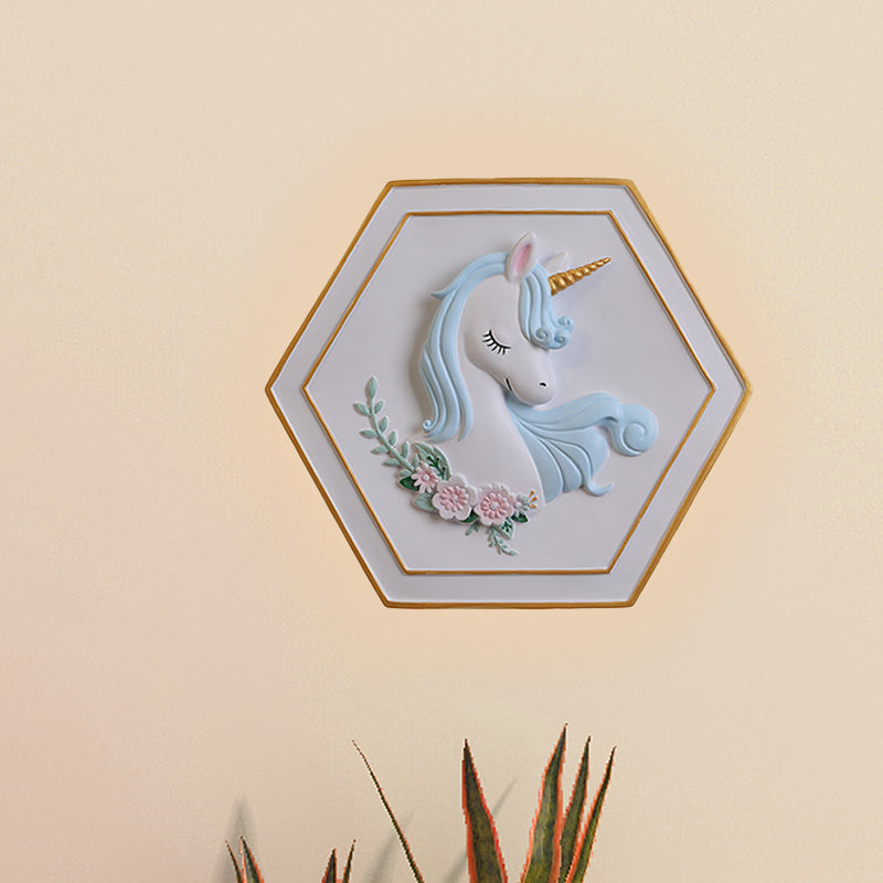 Pink Unicorn Sconce Lighting with Hexagon Design Cartoon LED Resin Pull-Chain Wall Lamp Clearhalo 'Wall Lamps & Sconces' 'Wall Lights' Lighting' 927874