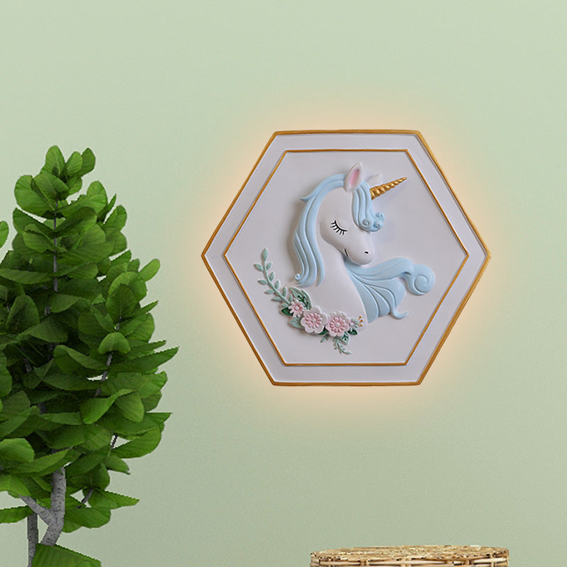 Pink Unicorn Sconce Lighting with Hexagon Design Cartoon LED Resin Pull-Chain Wall Lamp Clearhalo 'Wall Lamps & Sconces' 'Wall Lights' Lighting' 927875