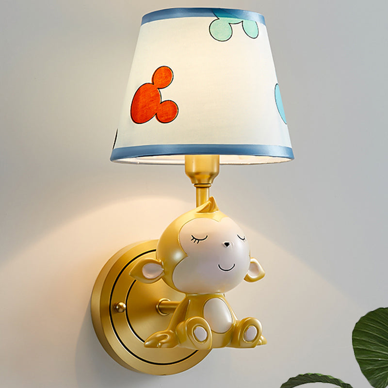 Cartoon Monkey Wall Mount Lamp Resin 1 Light Child Bedside Wall Light with Fabric Shade in Brass Brass Clearhalo 'Wall Lamps & Sconces' 'Wall Lights' Lighting' 927878