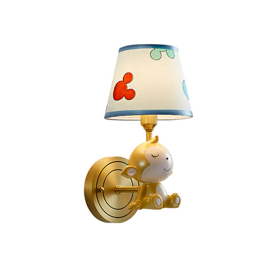 Cartoon Monkey Wall Mount Lamp Resin 1 Light Child Bedside Wall Light with Fabric Shade in Brass Clearhalo 'Wall Lamps & Sconces' 'Wall Lights' Lighting' 927881