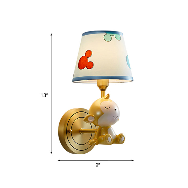 Cartoon Monkey Wall Mount Lamp Resin 1 Light Child Bedside Wall Light with Fabric Shade in Brass Clearhalo 'Wall Lamps & Sconces' 'Wall Lights' Lighting' 927882