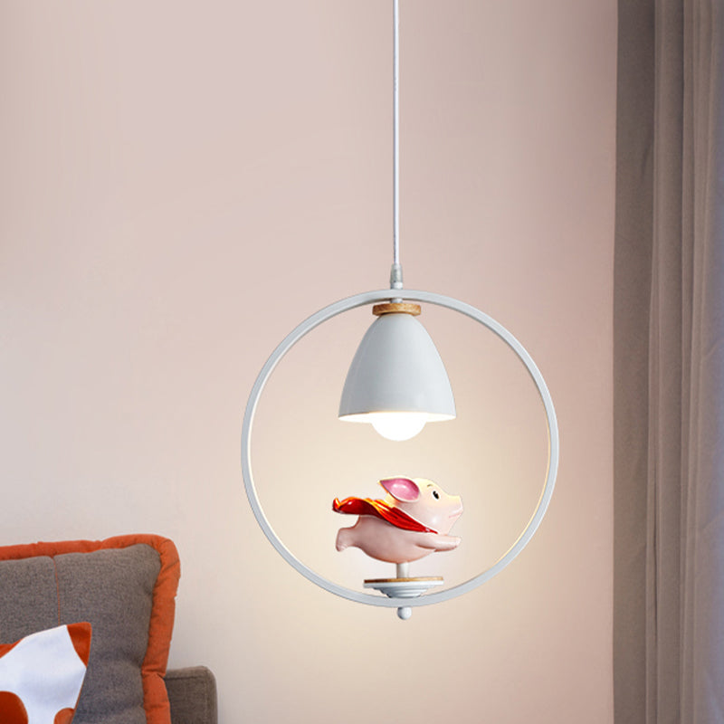 Iron Bell and Ring Hanging Light Kit Nordic 1 Head White Finish Pendulum Lamp with Pig/Girl/Boy Deco Clearhalo 'Ceiling Lights' 'Pendant Lights' 'Pendants' Lighting' 927896