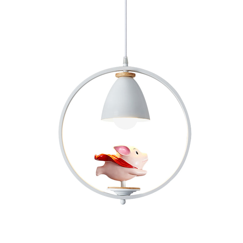 Iron Bell and Ring Hanging Light Kit Nordic 1 Head White Finish Pendulum Lamp with Pig/Girl/Boy Deco Clearhalo 'Ceiling Lights' 'Pendant Lights' 'Pendants' Lighting' 927899