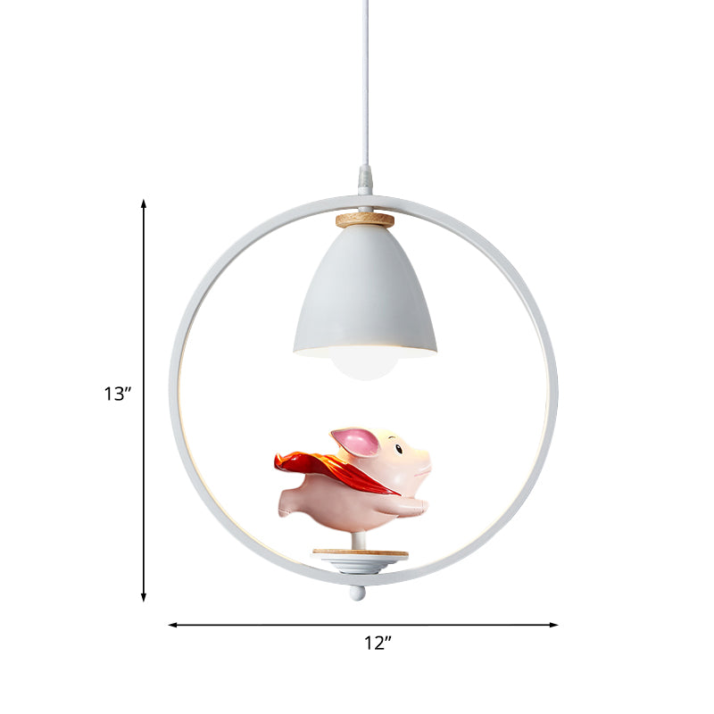 Iron Bell and Ring Hanging Light Kit Nordic 1 Head White Finish Pendulum Lamp with Pig/Girl/Boy Deco Clearhalo 'Ceiling Lights' 'Pendant Lights' 'Pendants' Lighting' 927900