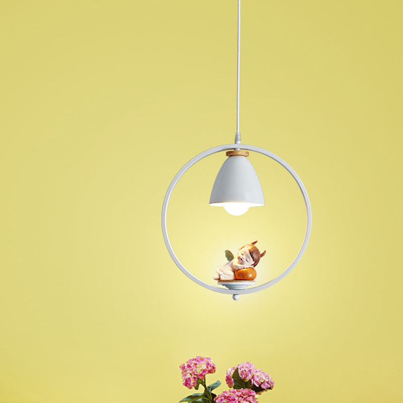 Iron Bell and Ring Hanging Light Kit Nordic 1 Head White Finish Pendulum Lamp with Pig/Girl/Boy Deco White Boy Clearhalo 'Ceiling Lights' 'Pendant Lights' 'Pendants' Lighting' 927901_c0573f34-21a6-4a7e-a050-ea9746608843