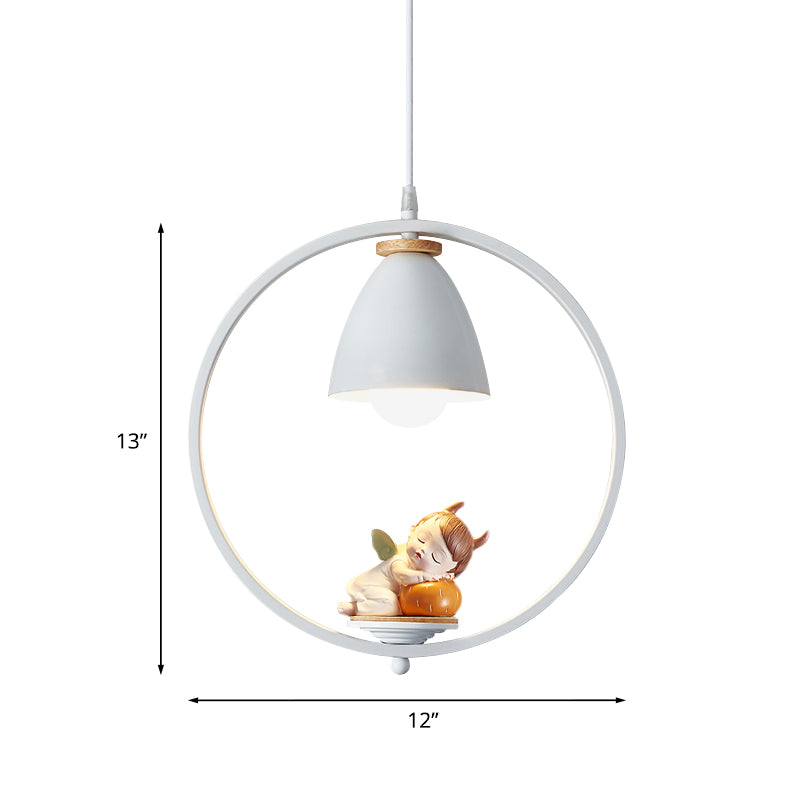 Iron Bell and Ring Hanging Light Kit Nordic 1 Head White Finish Pendulum Lamp with Pig/Girl/Boy Deco Clearhalo 'Ceiling Lights' 'Pendant Lights' 'Pendants' Lighting' 927905