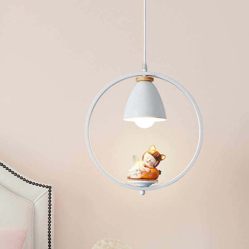 Iron Bell and Ring Hanging Light Kit Nordic 1 Head White Finish Pendulum Lamp with Pig/Girl/Boy Deco Clearhalo 'Ceiling Lights' 'Pendant Lights' 'Pendants' Lighting' 927906