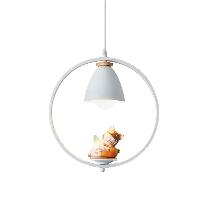 Iron Bell and Ring Hanging Light Kit Nordic 1 Head White Finish Pendulum Lamp with Pig/Girl/Boy Deco Clearhalo 'Ceiling Lights' 'Pendant Lights' 'Pendants' Lighting' 927909