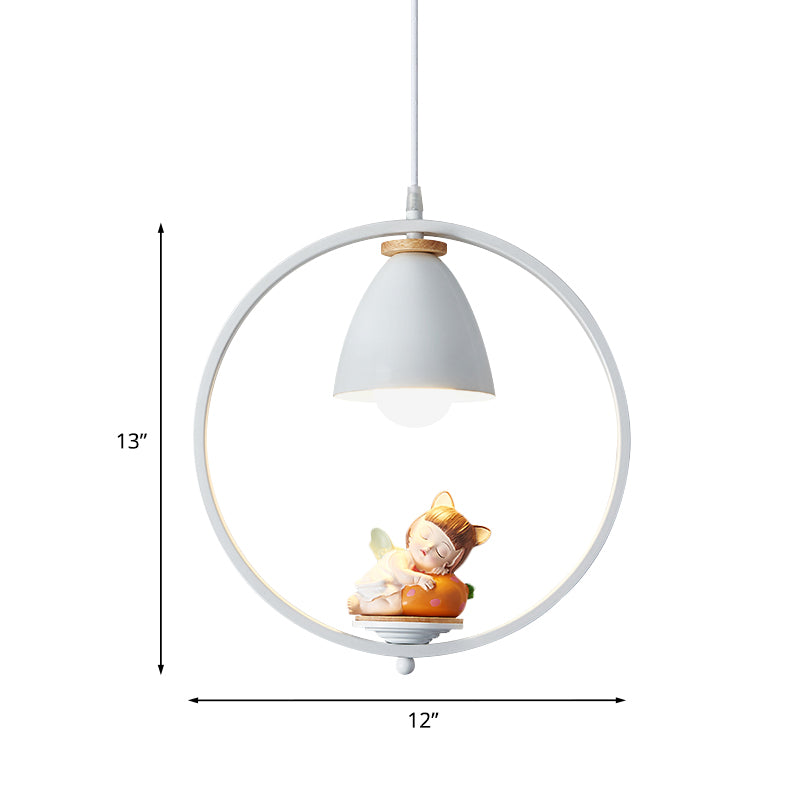 Iron Bell and Ring Hanging Light Kit Nordic 1 Head White Finish Pendulum Lamp with Pig/Girl/Boy Deco Clearhalo 'Ceiling Lights' 'Pendant Lights' 'Pendants' Lighting' 927910